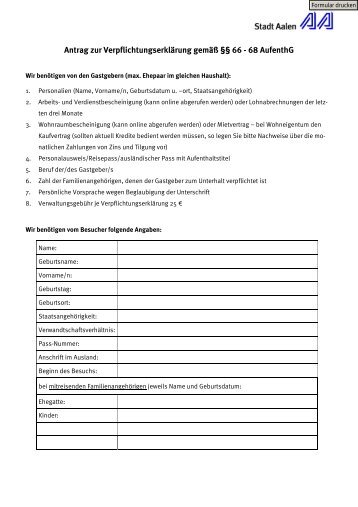 Antrag zur Verpflichtungs- erklärung nach §§ 66-68 AufenthG