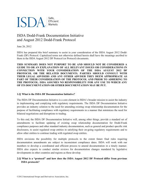 Summary of the Dodd-Frank Documentation Initiative and - ISDA