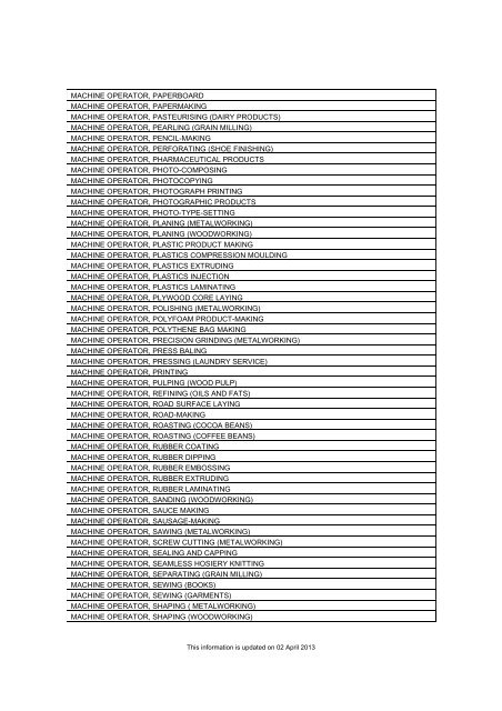 List of Standard Occupation available in EP Online