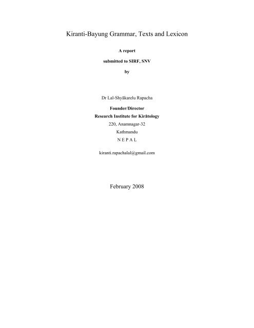 Kiranti Bayung Grammar Texts And Lexicon Social Inclusion Kiranti Bayung Grammar Texts And Lexicon Social Inclusion