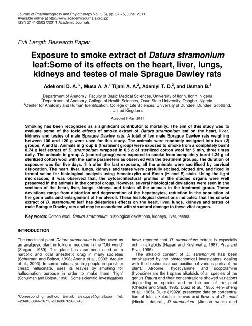 Exposure to smoke extract of Datura stramonium leaf - Academic ...