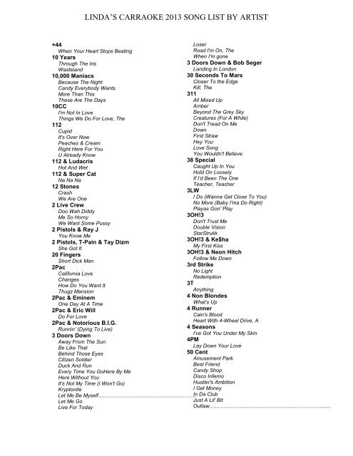 Linda S Carraoke 2013 Song List By Artist