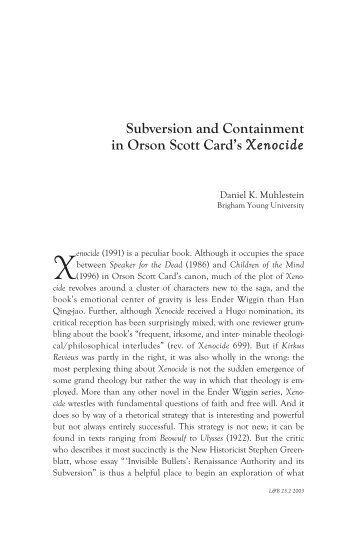 Subversion and Containment in Orson Scott Card's Xenocide