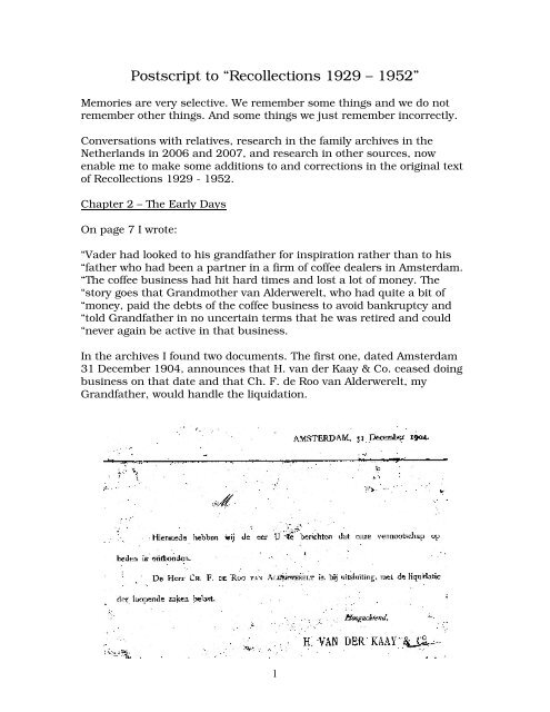 Postscript to “Recollections 1929 – 1952” - Van Alderwerelt Family ...