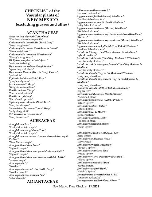 CHECKLIST of the Vascular plants of NEW MEXICO