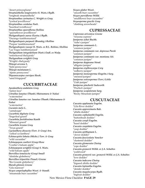 CHECKLIST of the Vascular plants of NEW MEXICO