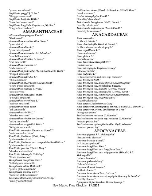 CHECKLIST of the Vascular plants of NEW MEXICO