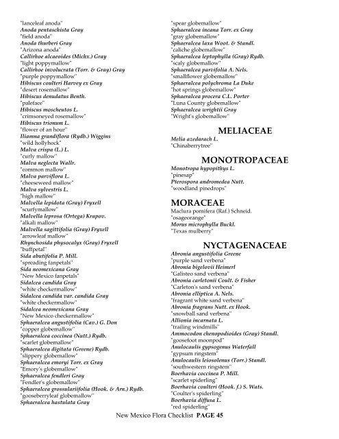 CHECKLIST of the Vascular plants of NEW MEXICO