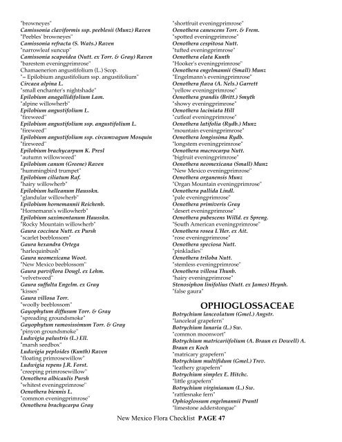 CHECKLIST of the Vascular plants of NEW MEXICO