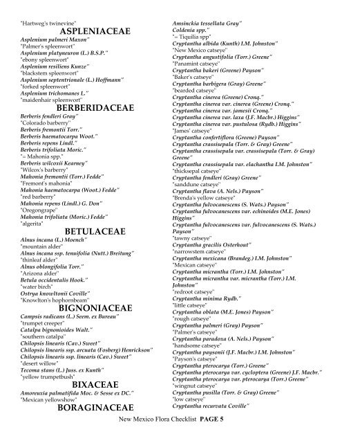 CHECKLIST of the Vascular plants of NEW MEXICO