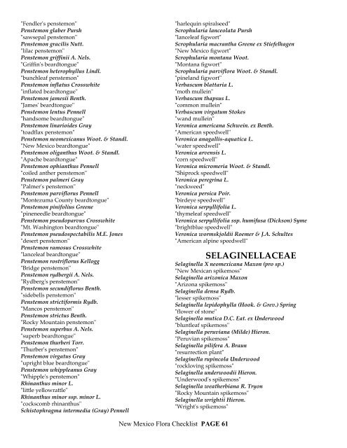 CHECKLIST of the Vascular plants of NEW MEXICO