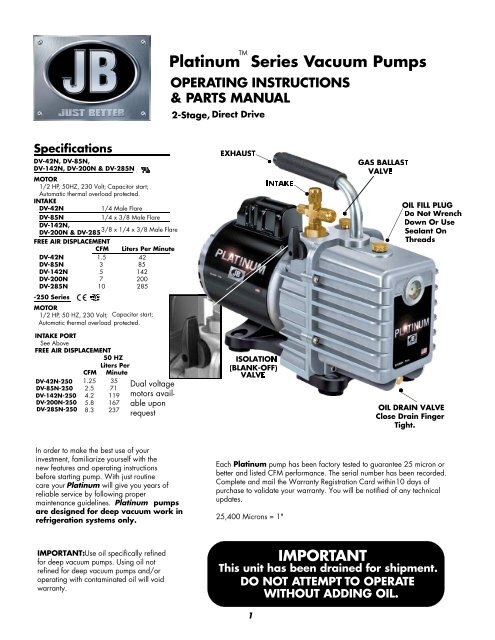 Platinum Series Vacuum Pumps - JB Industries, Inc.