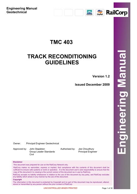 tmc 403 track reconditioning guidelines - RailCorp Engineering ...