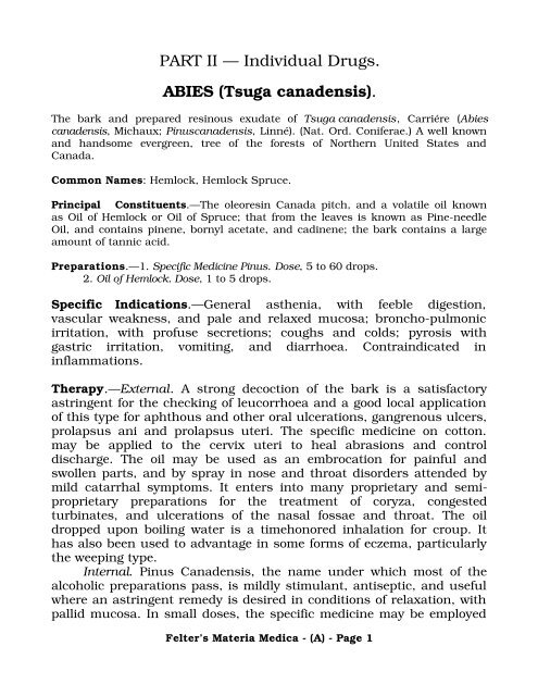 Individual Drugs. ABIES (Tsuga canadensis). - Southwest School of ...