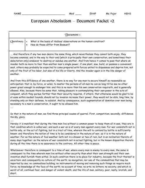 European Absolutism – Document Packet #2 - Historyteacher.net