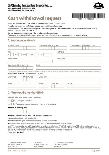 MLC MasterKey super - Cash withdrawal request form