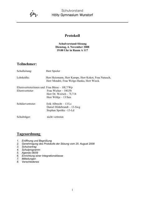 Protokoll Teilnehmer: Tagesordnung: - HÃ¶lty-Gymnasium Wunstorf