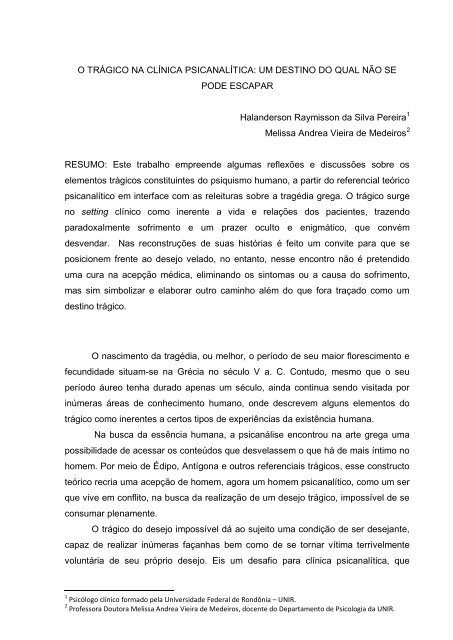 O TRÁGICO NA CLÍNICA PSICANALÍTICA: UM DESTINO DO QUAL ...