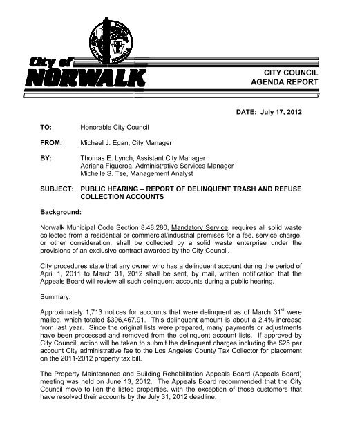 delinquent trash and refuse collection accounts - City of Norwalk