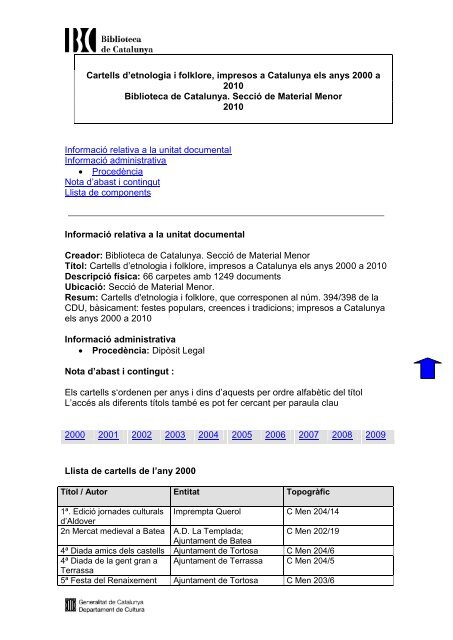 Cartells d'etnologia i folklore, impresos a Catalunya els anys 2000 a ...