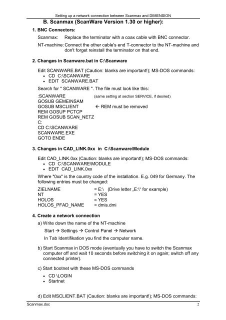 Network connection Scanmax - Dimension