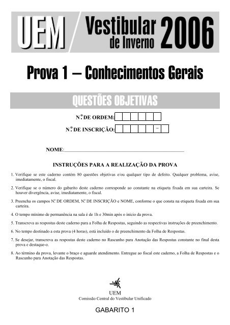 Prova 1 Conhecimentos Gerais Questoes Home Cvu Uem