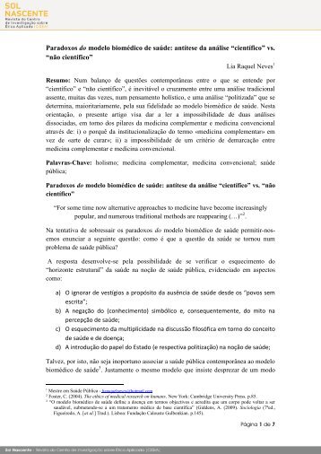 Paradoxos do modelo biomédico de saúde: antítese da análise ...