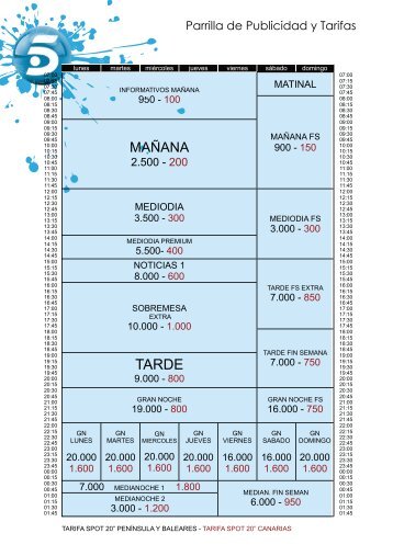 Tarifas de Publicidad Telecinco - Oblicua