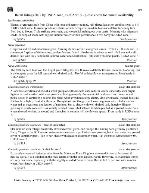 1 Retail listings 2012 by USDA zone, as of April 5 ... - Cistus Nursery