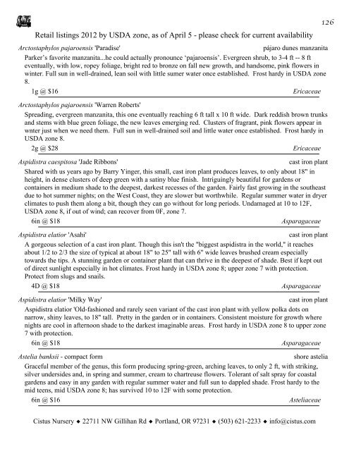 1 Retail listings 2012 by USDA zone, as of April 5 ... - Cistus Nursery