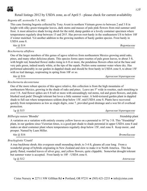 1 Retail listings 2012 by USDA zone, as of April 5 ... - Cistus Nursery