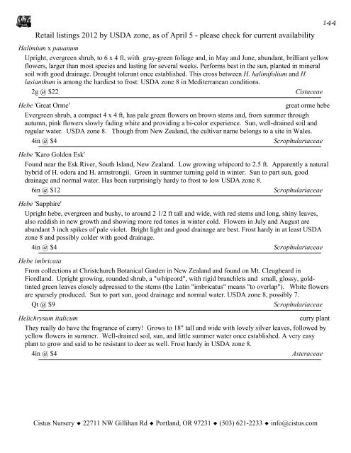 1 Retail listings 2012 by USDA zone, as of April 5 ... - Cistus Nursery