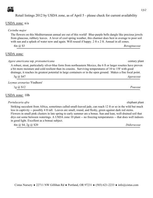 1 Retail listings 2012 by USDA zone, as of April 5 ... - Cistus Nursery