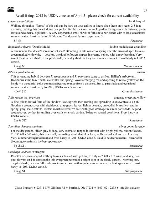 1 Retail listings 2012 by USDA zone, as of April 5 ... - Cistus Nursery