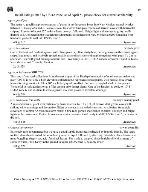 1 Retail listings 2012 by USDA zone, as of April 5 ... - Cistus Nursery