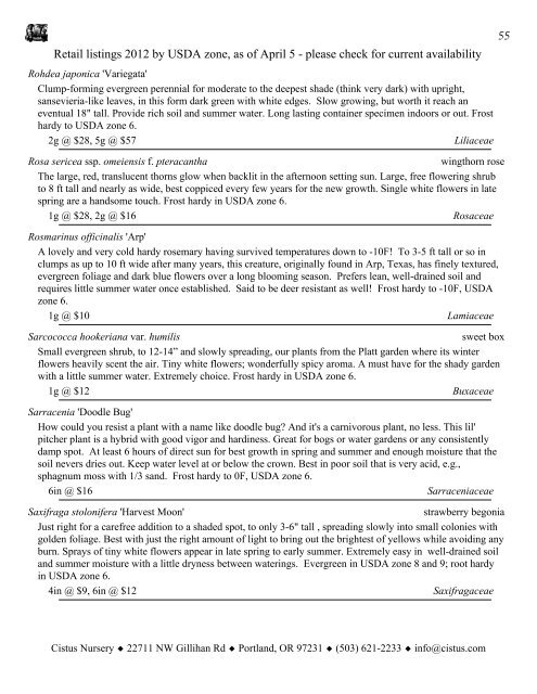 1 Retail listings 2012 by USDA zone, as of April 5 ... - Cistus Nursery