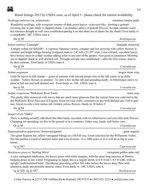 1 Retail listings 2012 by USDA zone, as of April 5 ... - Cistus Nursery