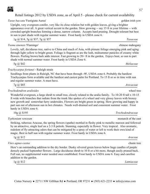 1 Retail listings 2012 by USDA zone, as of April 5 ... - Cistus Nursery