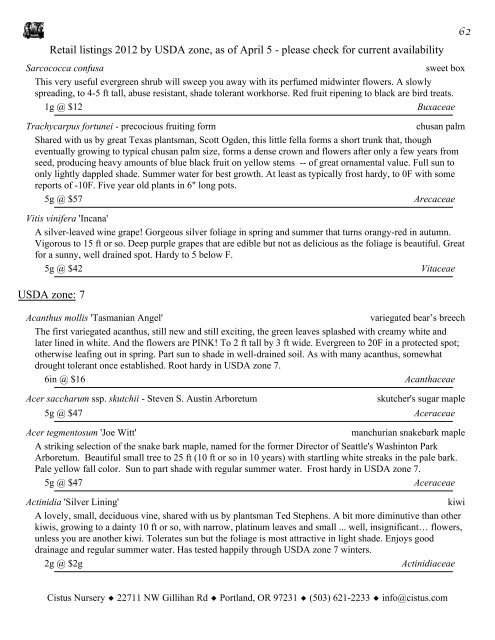 1 Retail listings 2012 by USDA zone, as of April 5 ... - Cistus Nursery