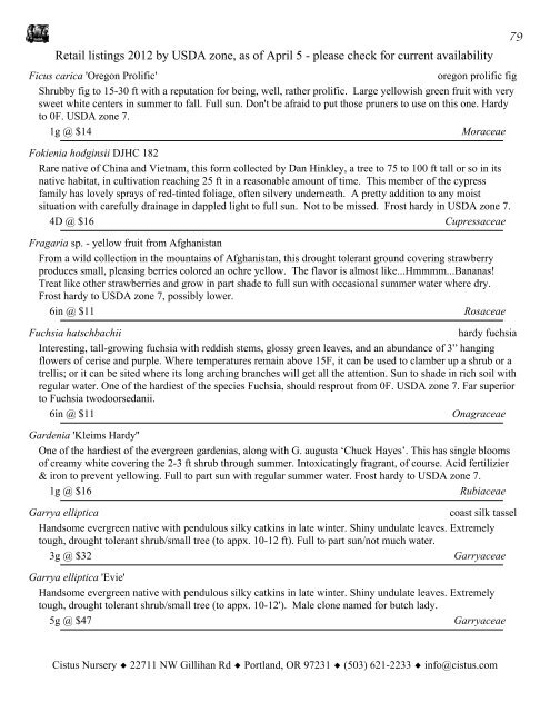 1 Retail listings 2012 by USDA zone, as of April 5 ... - Cistus Nursery