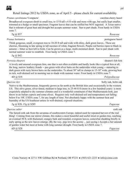 1 Retail listings 2012 by USDA zone, as of April 5 ... - Cistus Nursery