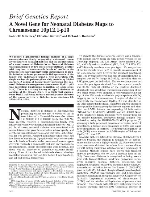 A Novel Gene for Neonatal Diabetes Maps to Chromosome 10p12 ...