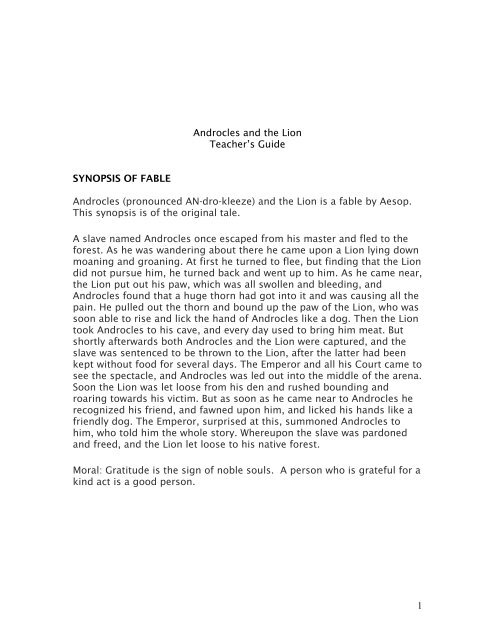 1 Androcles And The Lion Teacher S Guide Synopsis Of Fable