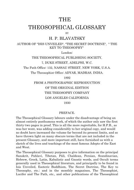 Adelphi: Blavatsky Publishes The Theosophical Glossary.