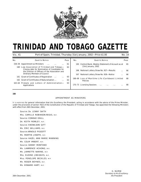 W/kly 14Ñ31/1/2002Ñ8pp. - Trinidad and Tobago Government News