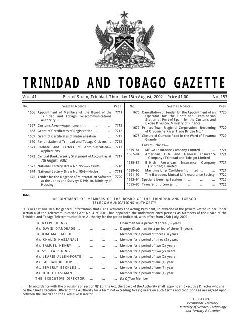 W/kly 153Ñ15/8/2002Ñ12pp - Trinidad and Tobago Government News