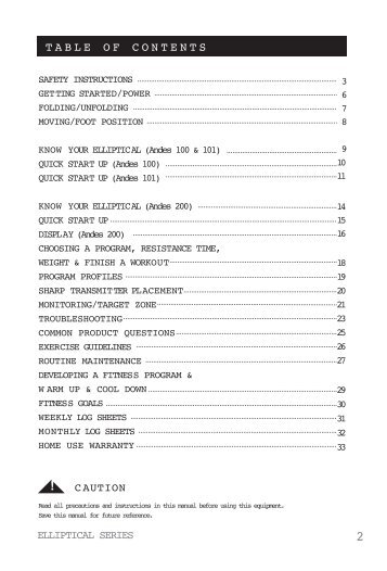 TABLE OF CONTENTS - Horizon Fitness