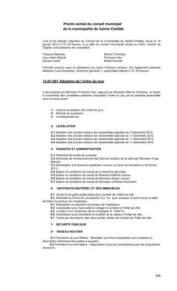 Procès-verbal du conseil municipal de la municipalité de Sainte-Clotilde