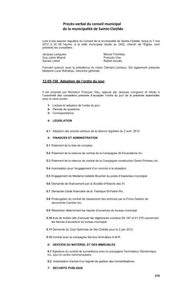 Procès-verbal du conseil municipal de la municipalité de Sainte-Clotilde