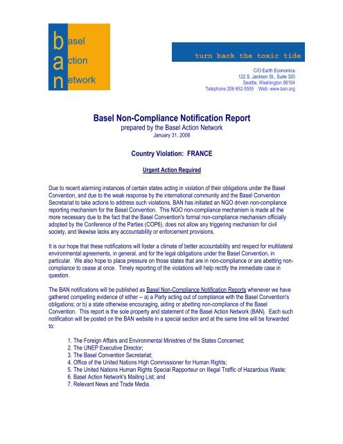 asel ction etwork Basel Non-Compliance Notification Report